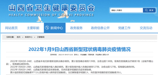 2022年1月9日山西省新型冠狀病毒肺炎疫情情況